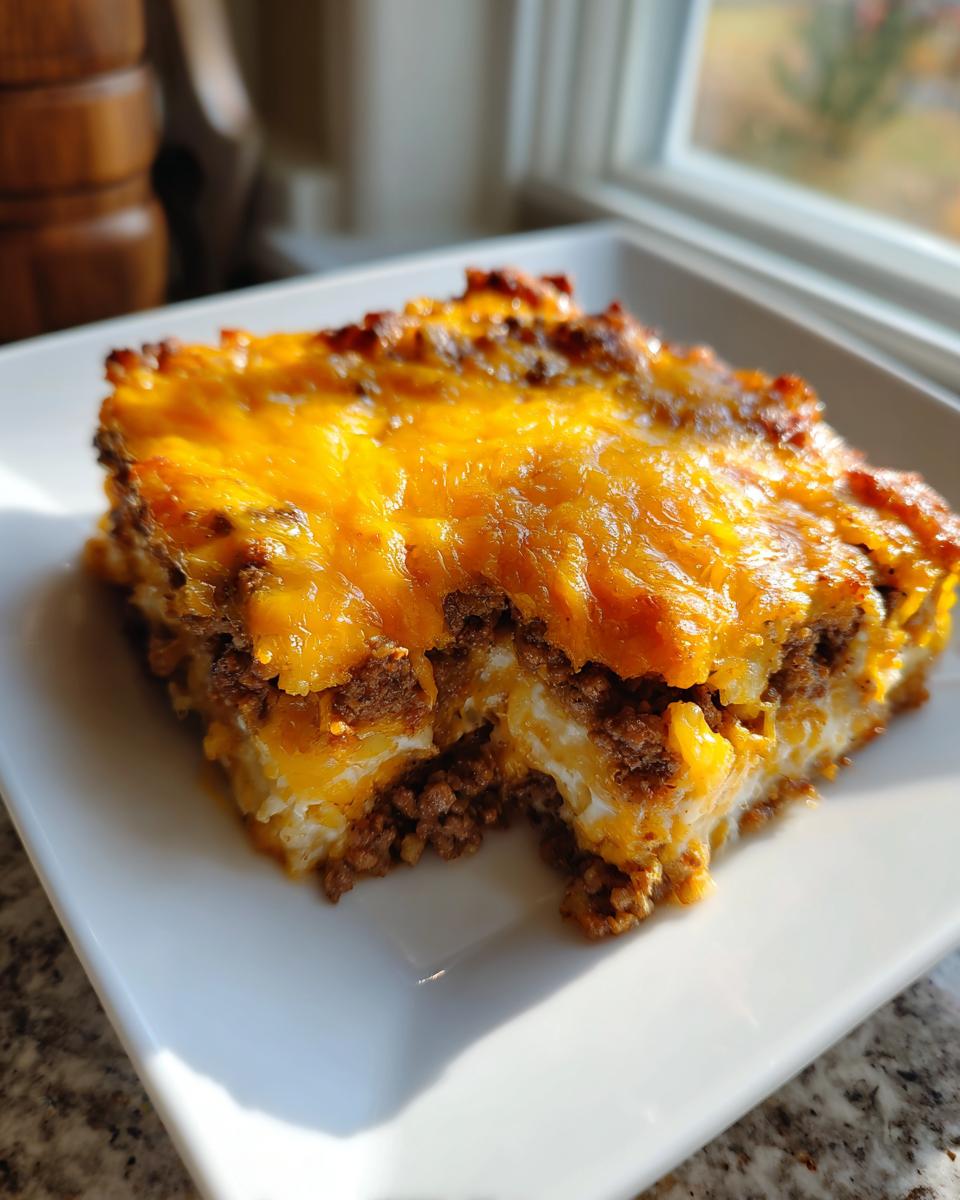 A thick slice of cheesy ground beef and potato casserole topped with melted cheddar cheese.