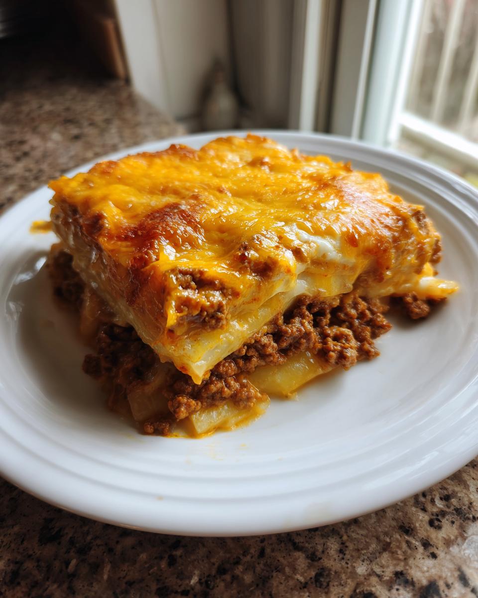 A square serving of cheesy ground beef and potato casserole with melted cheddar cheese on top.
