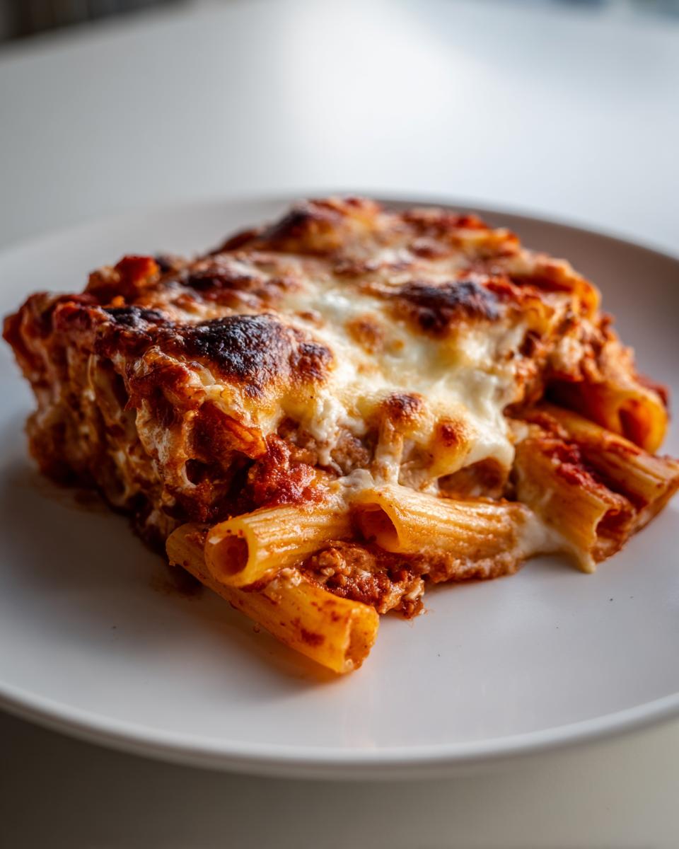 A close-up of a hearty slice of pasta bake with rigatoni noodles, rich meat sauce, and bubbly, browned mozzarella cheese topping.