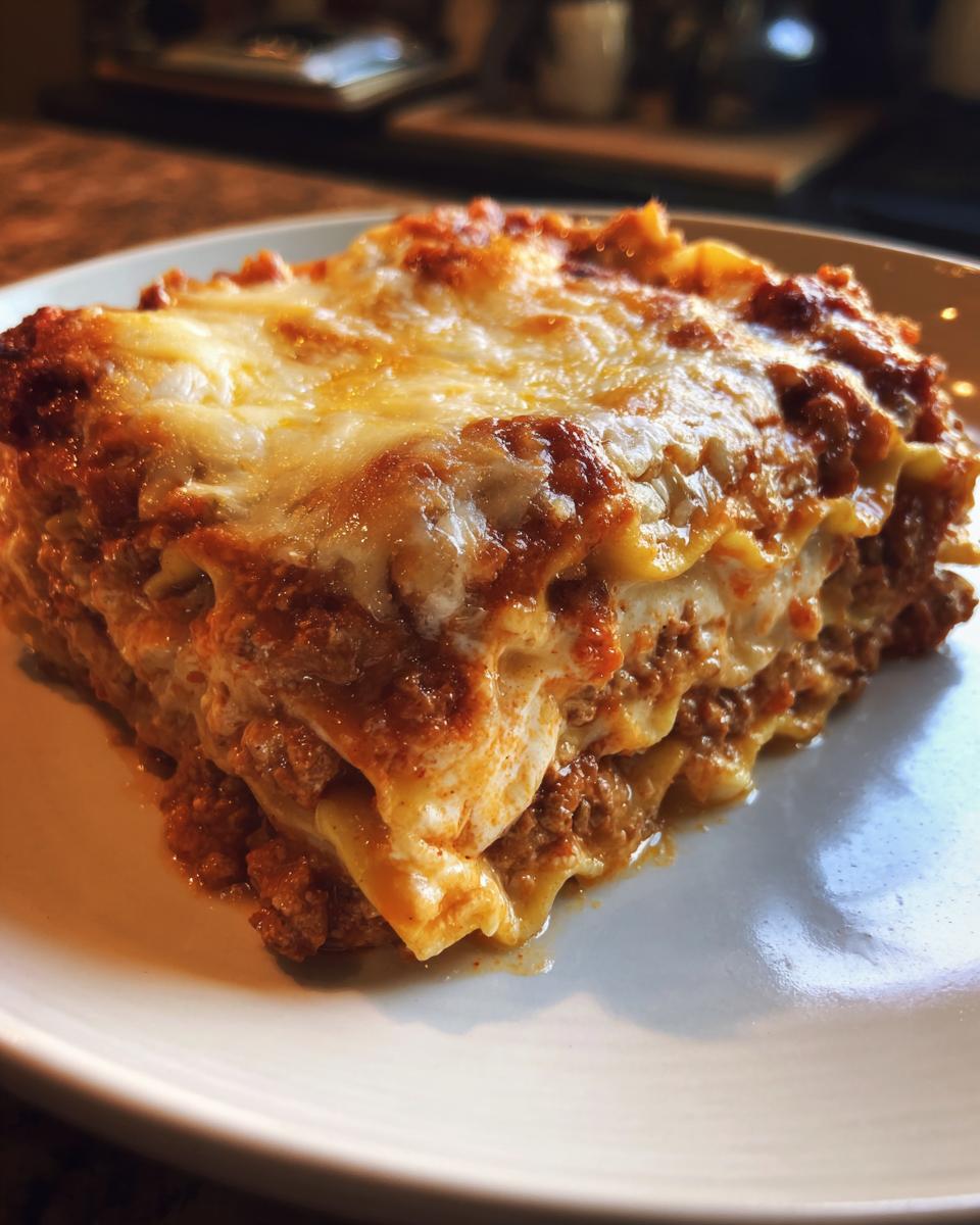 A close-up, appetizing slice of ravioli lasagna showing layers of pasta, meat sauce, and melted cheese topping.