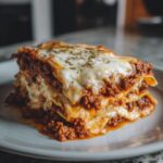 A thick, cheesy slice of ravioli lasagna topped with melted mozzarella and herbs on a white plate.