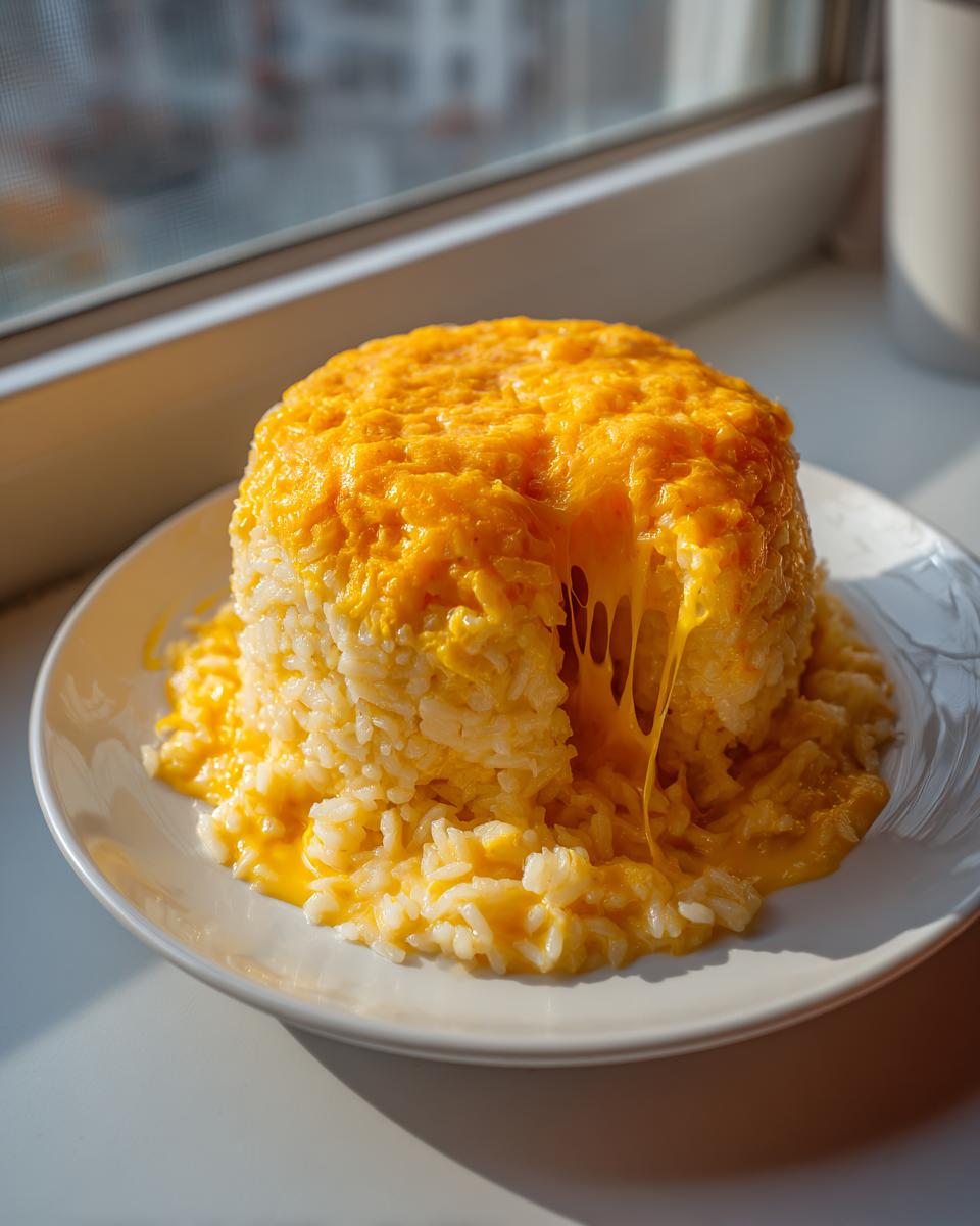 A perfectly molded mound of white rice topped with melted orange cheddar cheese, showing a dramatic cheese pull.
