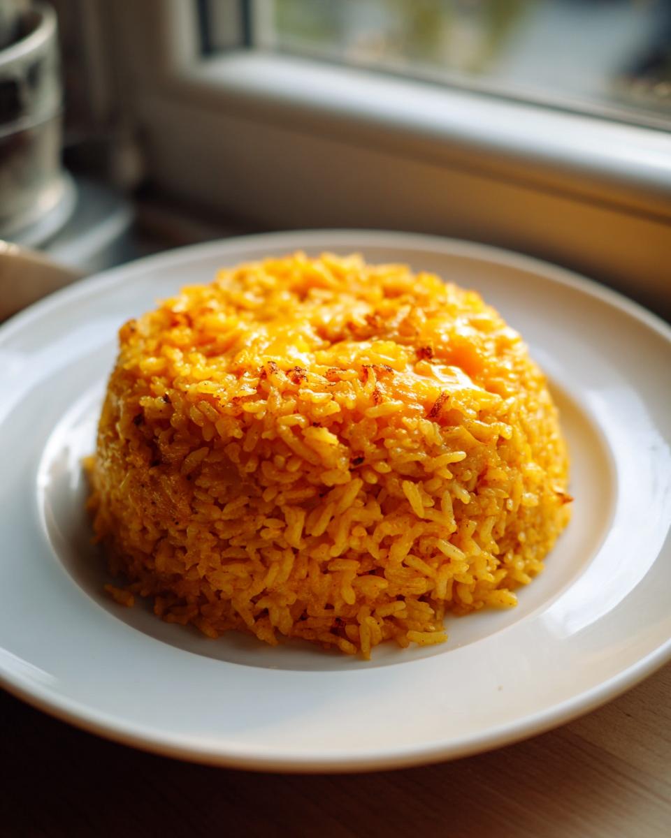 A mound of bright orange, cheesy rice served on a white plate near a window.