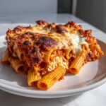 A generous serving of baked pasta bake featuring rigatoni pasta, rich red sauce, and a bubbly, browned cheese topping.