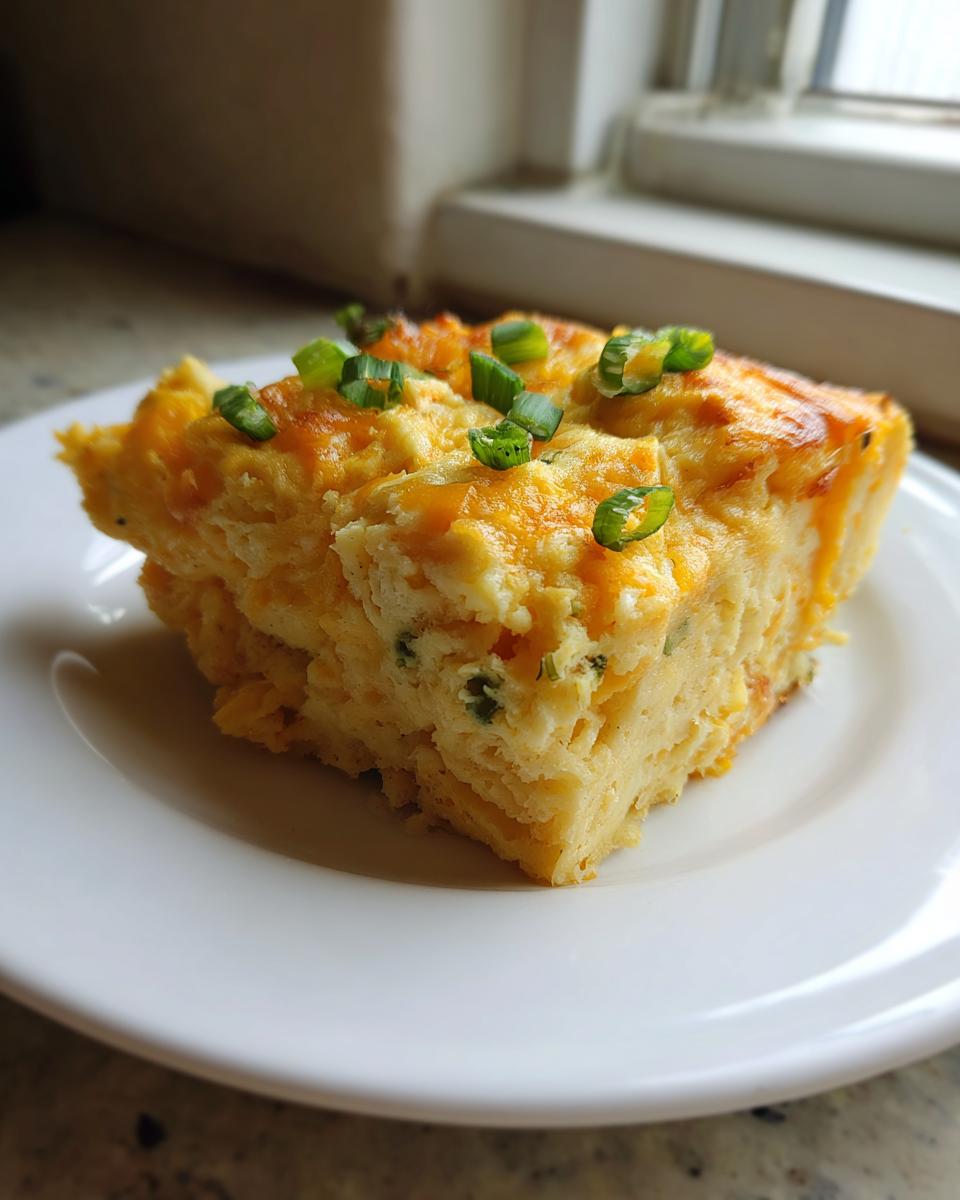 A square serving of fluffy sheet pan eggs casserole topped with melted cheddar cheese and fresh green onions.