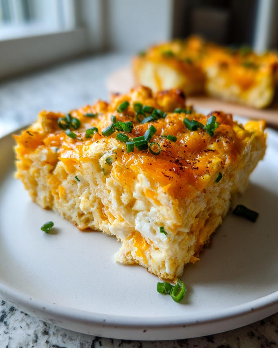 A thick slice of cheesy sheet pan eggs casserole topped with melted cheddar and fresh chives.