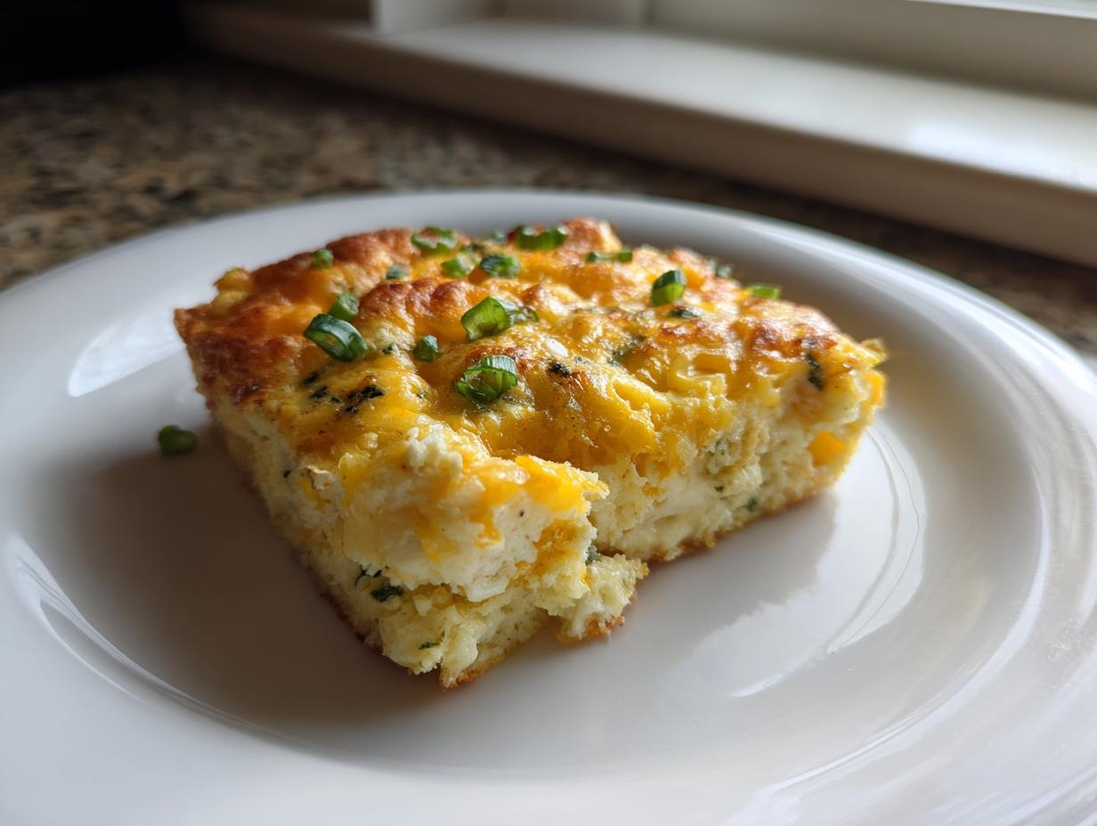 A square slice of fluffy sheet pan eggs topped with melted cheddar cheese and fresh green chives on a white plate.