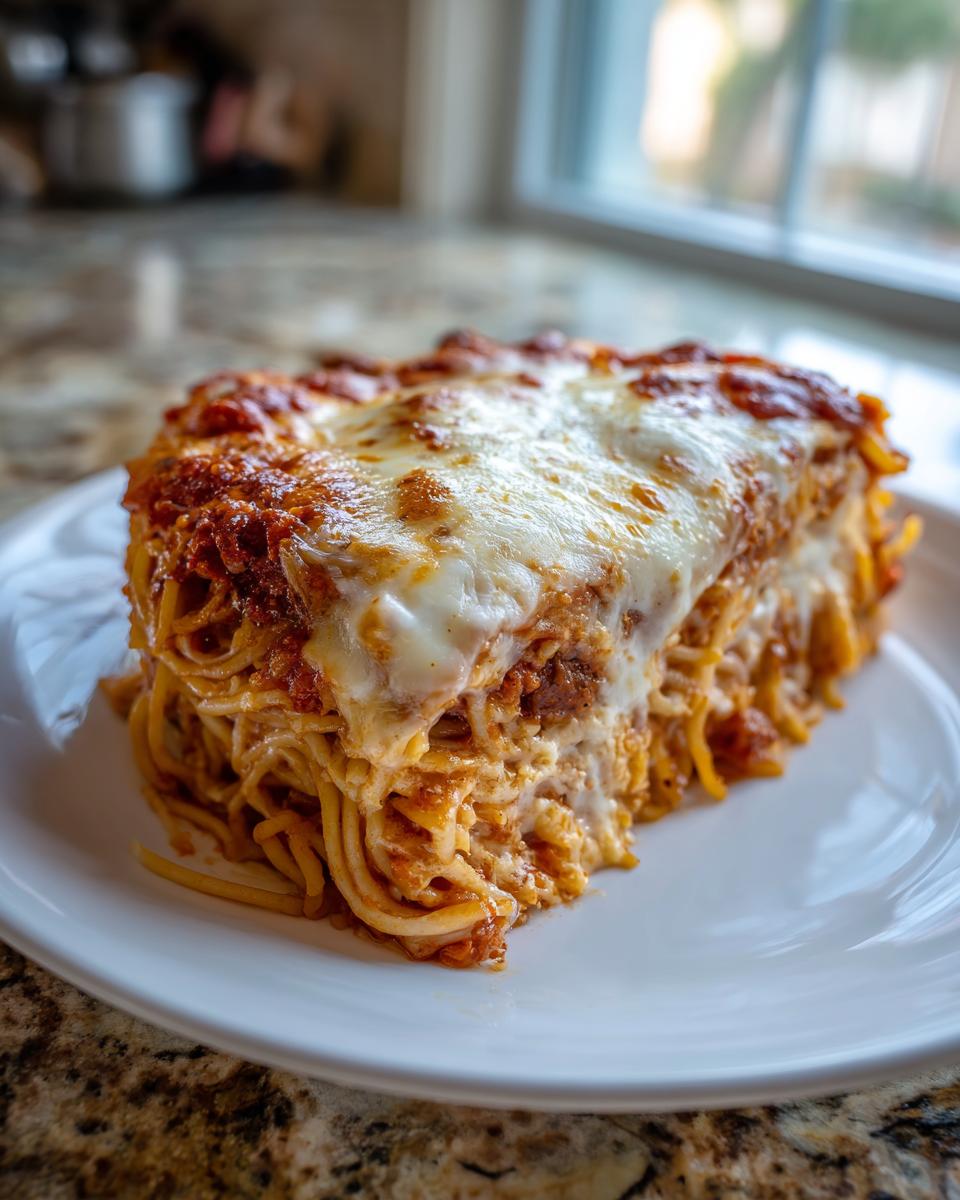 A thick, square slice of baked spaghetti pie topped with melted mozzarella cheese and rich tomato sauce.