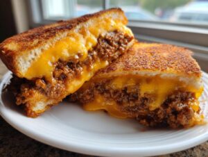 Close-up of cheesy texas toast sloppy joes cut in half, showing melted cheddar and savory meat filling.