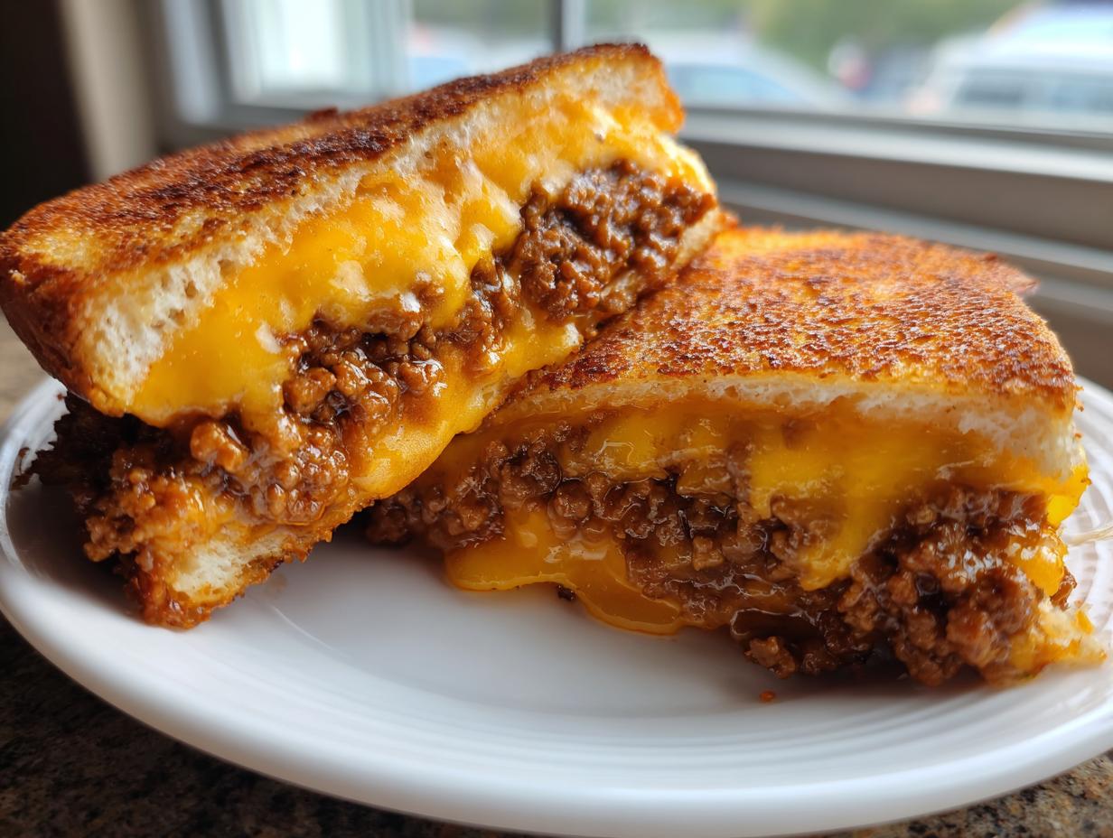 Close-up of cheesy texas toast sloppy joes cut in half, showing melted cheddar and savory meat filling.