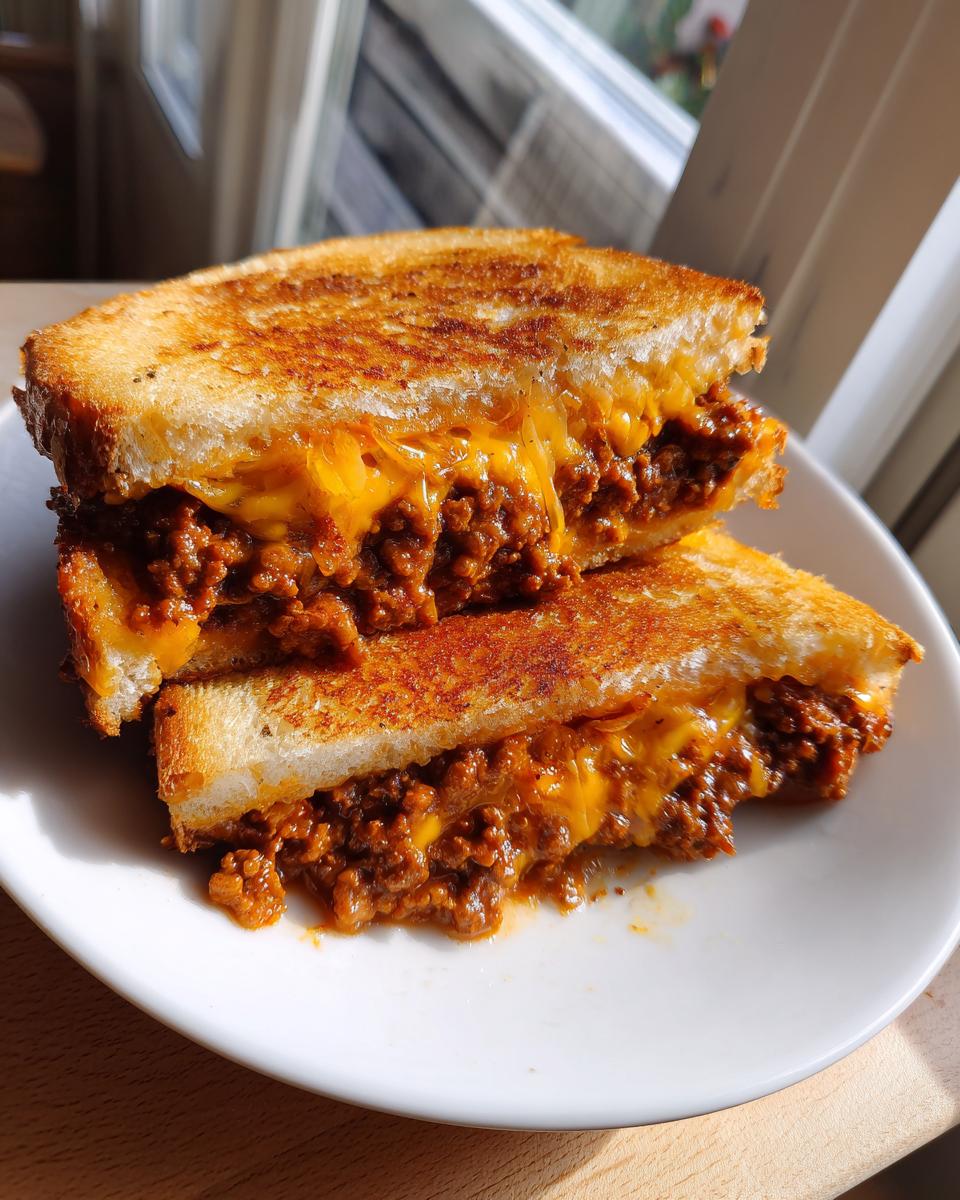Two halves of a grilled sandwich filled with sloppy joe meat and melted cheddar cheese, known as texas toast sloppy joes.