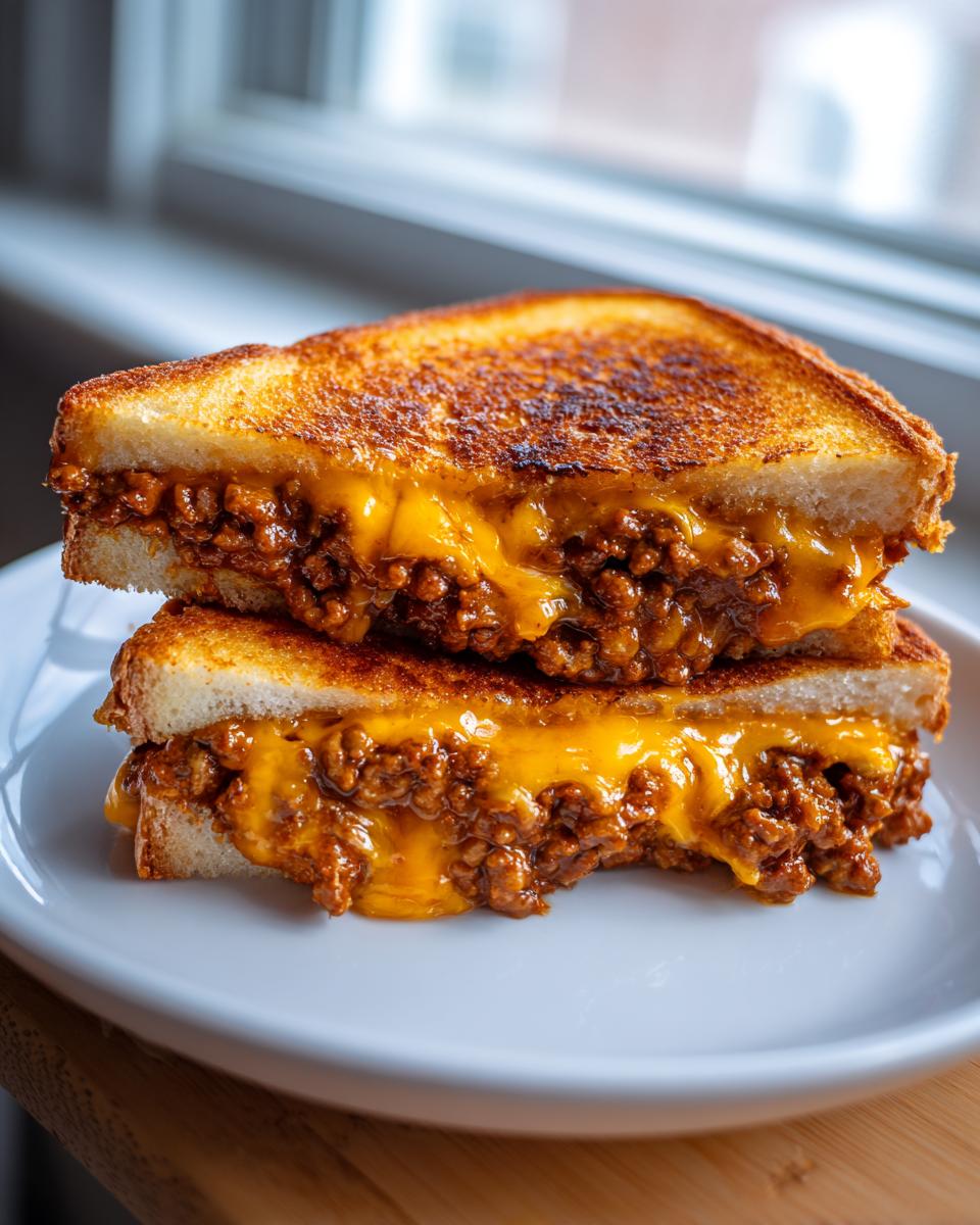 Two halves of a cheesy texas toast sloppy joes sandwich stacked, showing melted cheese and meat filling.