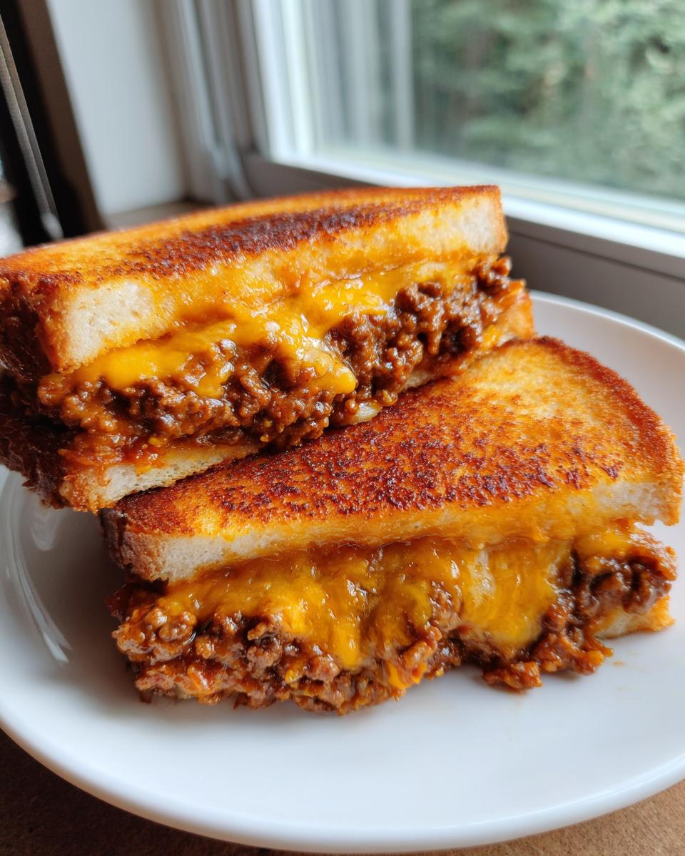 Two halves of a grilled sandwich filled with cheesy meat mixture, perfect for texas toast sloppy joes.