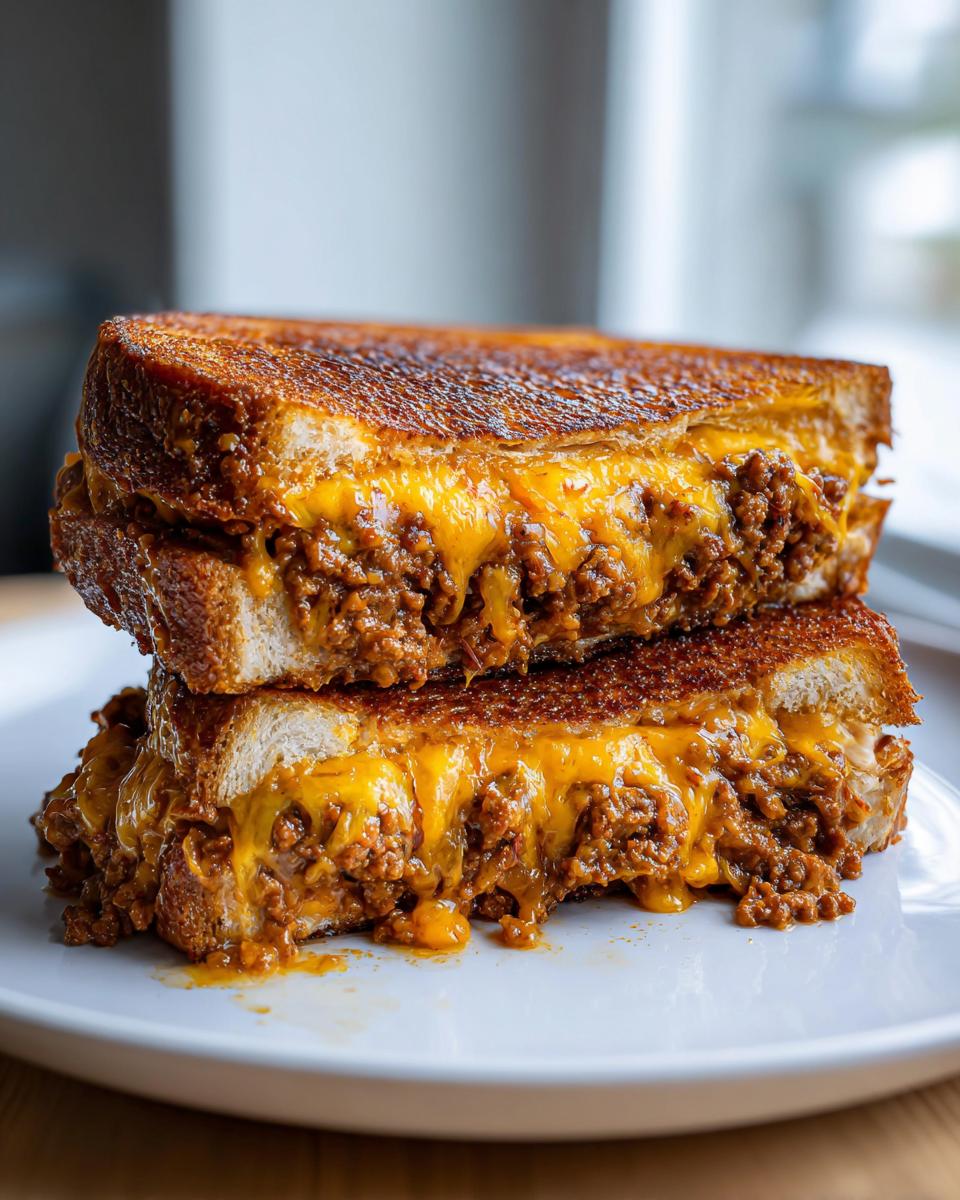 Two halves of a cheesy Texas Toast Sloppy Joes sandwich stacked on a white plate, showing melted cheese and meat filling.