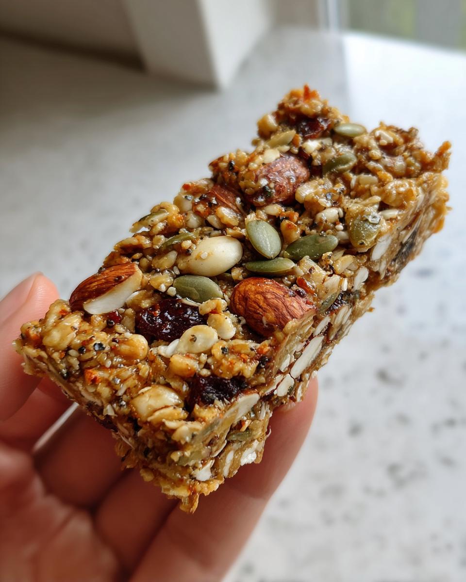 A hand holding a thick, chewy homemade granola bars packed with almonds, pumpkin seeds, and dried fruit.