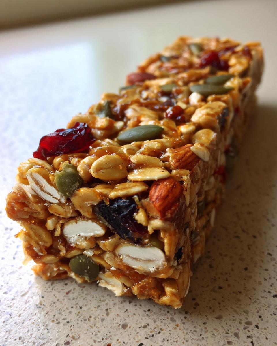 A close-up, macro shot of a chewy homemade granola bar packed with oats, almonds, pumpkin seeds, and dried cranberries.