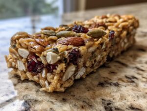 A close-up, macro shot of a single, chewy homemade granola bar packed with almonds, pumpkin seeds, and dried cranberries.