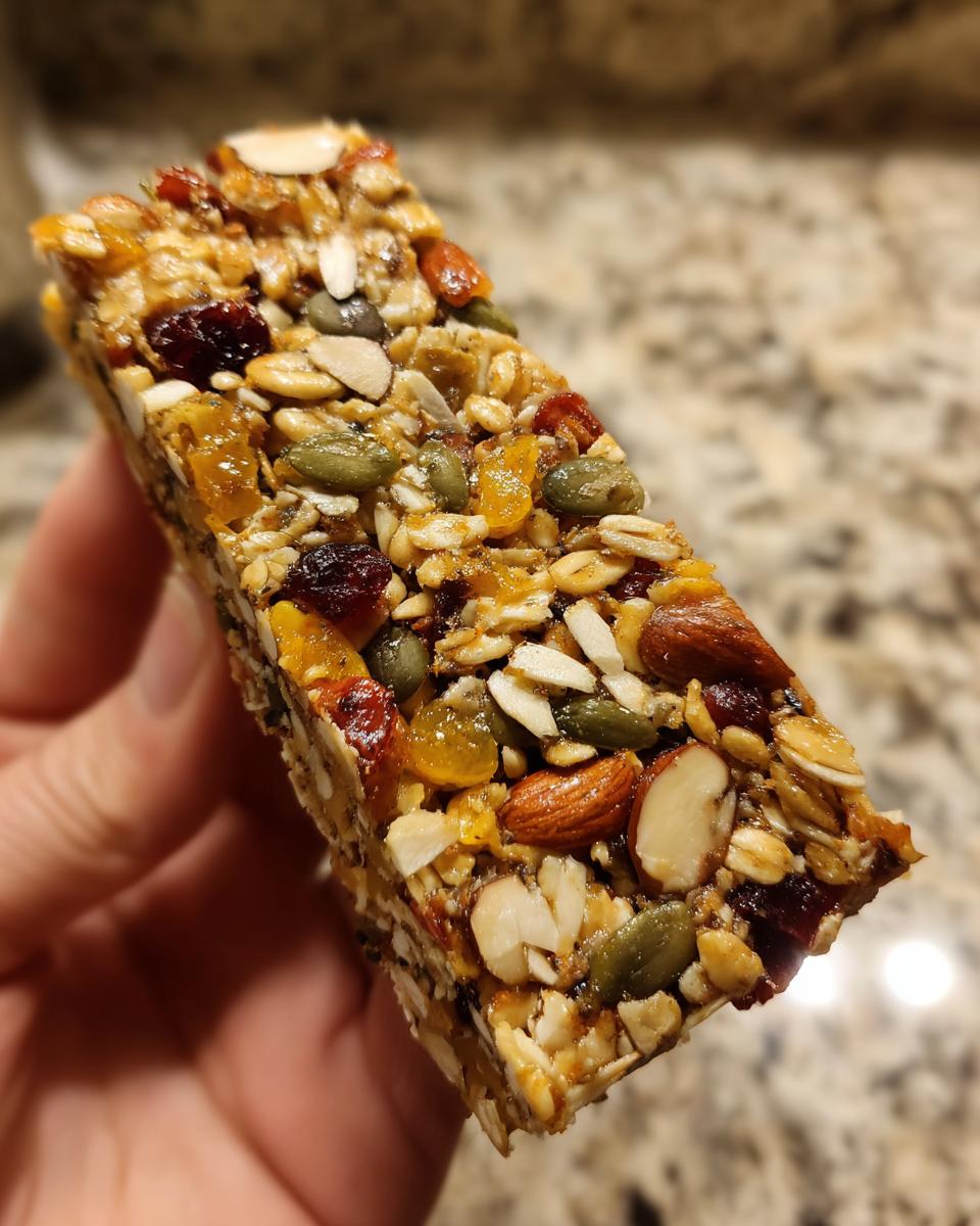 A close-up view of a chewy homemade granola bars held in hand, packed with oats, almonds, pumpkin seeds, and dried fruit.