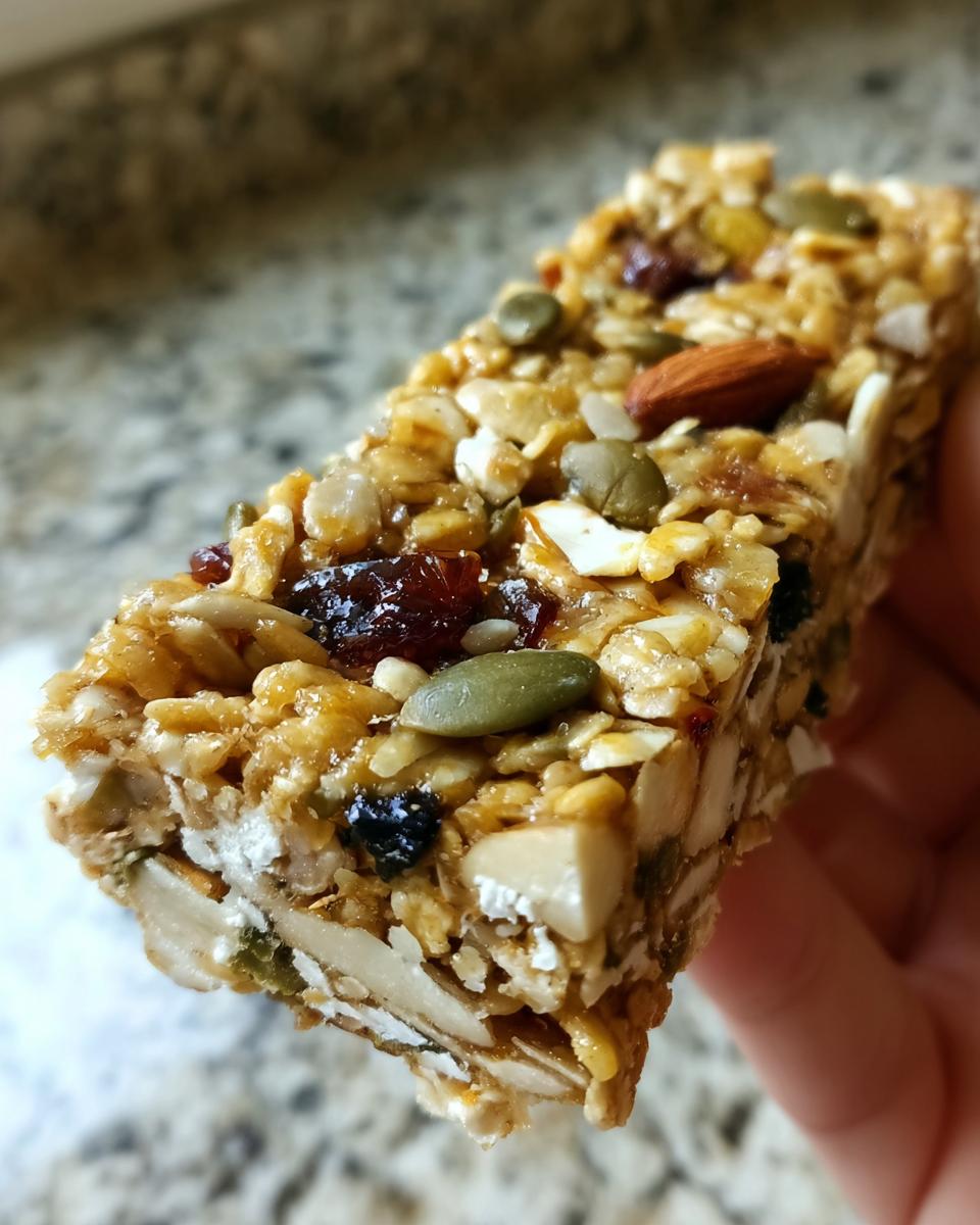 A close-up view of a chewy homemade granola bars held in a hand, packed with oats, almonds, pumpkin seeds, and dried fruit.