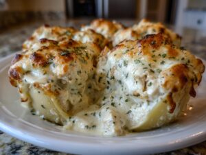 Close-up of baked chicken alfredo stuffed shells overflowing with creamy filling and browned cheese.