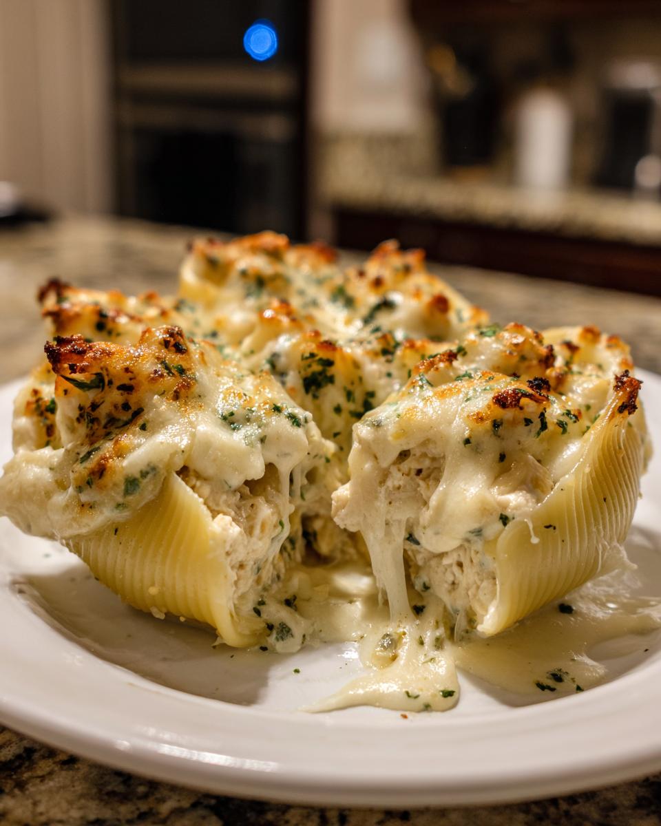 Close-up of baked chicken alfredo stuffed shells with a gooey cheese pull and parsley garnish.