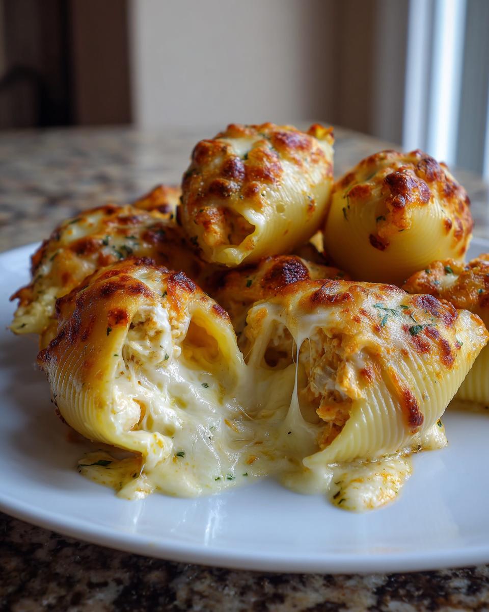 Close-up of baked chicken alfredo stuffed shells with a dramatic cheese pull.
