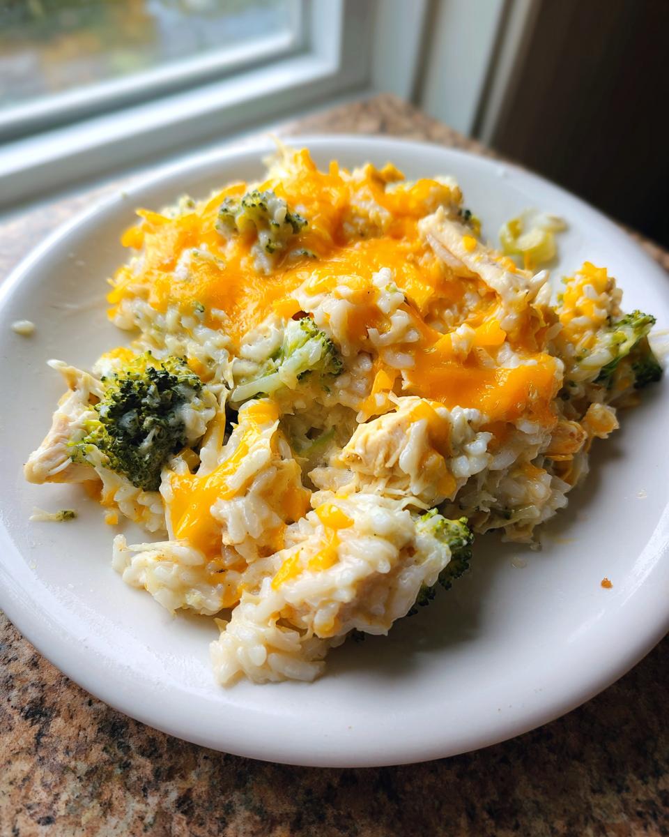 A close-up of a serving of creamy chicken broccoli rice casserole topped with melted cheddar cheese on a white plate.