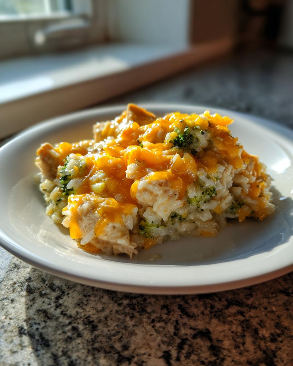 A serving of creamy chicken broccoli rice casserole topped with melted cheddar cheese on a white plate.