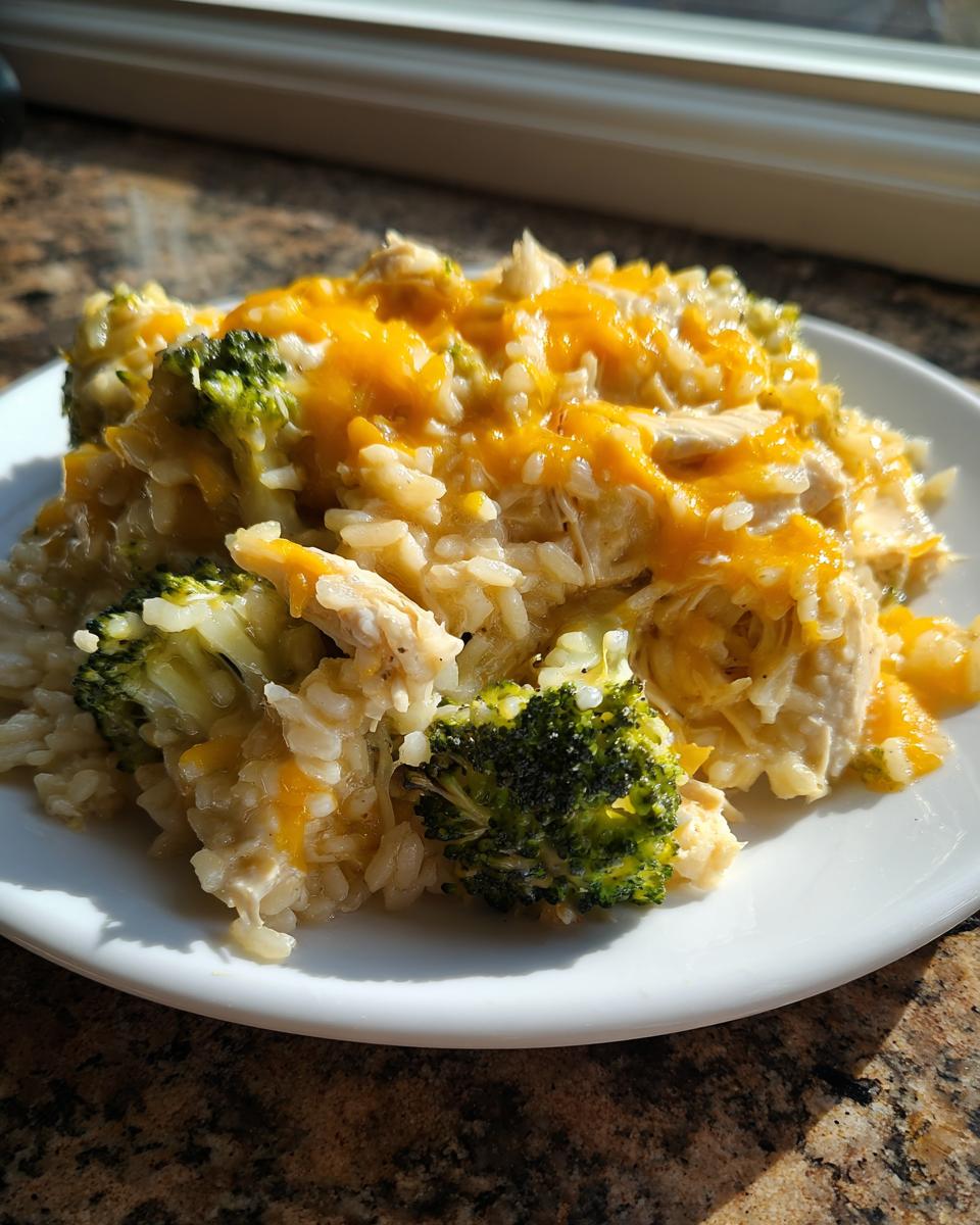 A generous serving of creamy chicken broccoli rice casserole topped with melted cheddar cheese on a white plate.