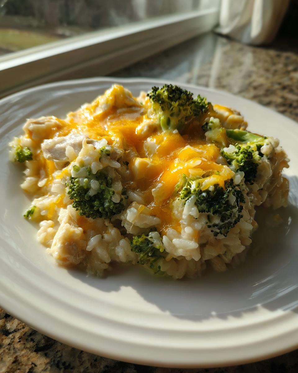 A close-up serving of creamy chicken broccoli rice casserole topped with melted cheddar cheese, served on a white plate.