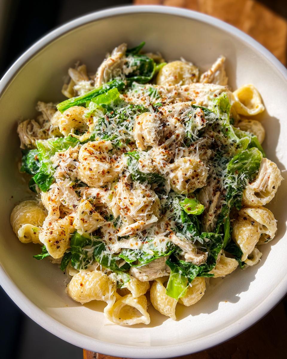 A creamy chicken caesar pasta salad featuring shell pasta, shredded chicken, and green lettuce, topped with grated parmesan.