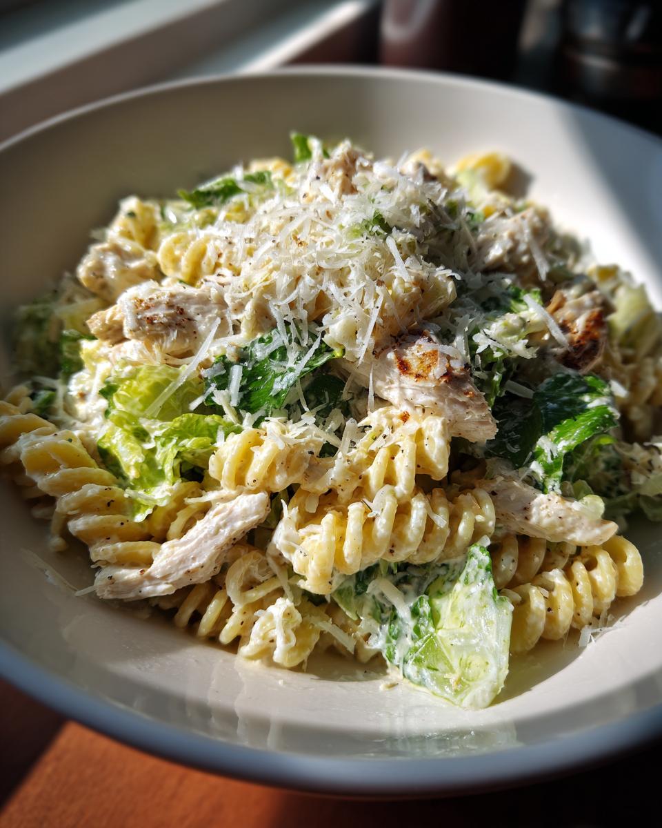 A bowl of creamy chicken caesar pasta salad featuring fusilli pasta, romaine lettuce, grilled chicken, and topped with shredded Parmesan cheese.