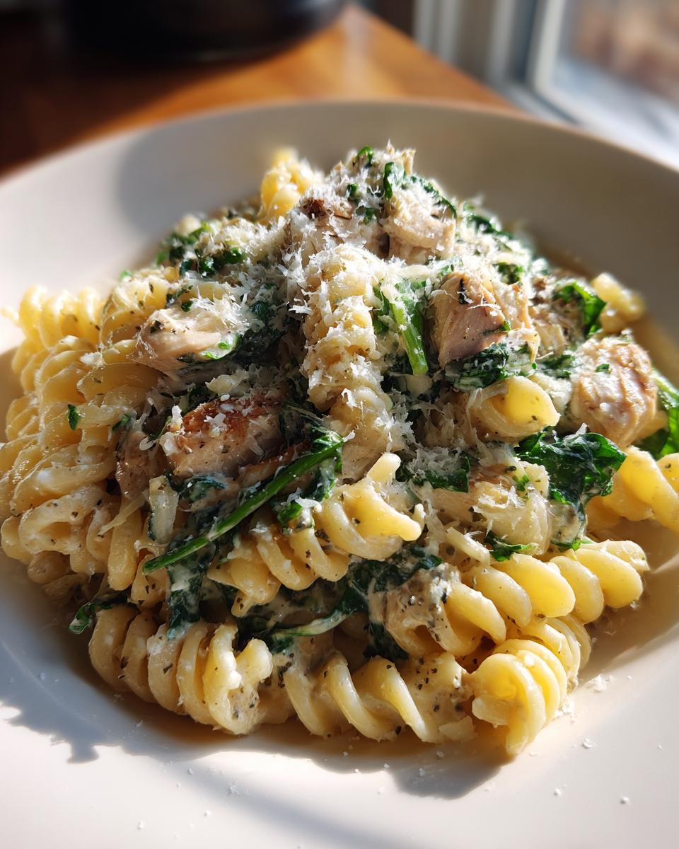 Close-up of a bowl of chicken caesar pasta salad featuring rotini pasta, chicken pieces, spinach, and grated Parmesan cheese.