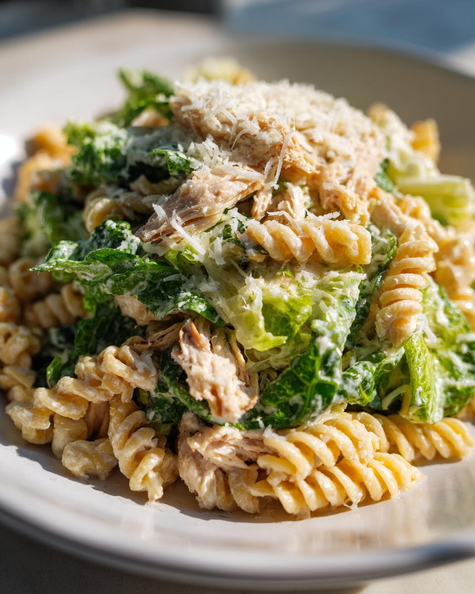 A close-up of a bowl of chicken caesar pasta salad featuring fusilli pasta, romaine lettuce, shredded chicken, and parmesan cheese.