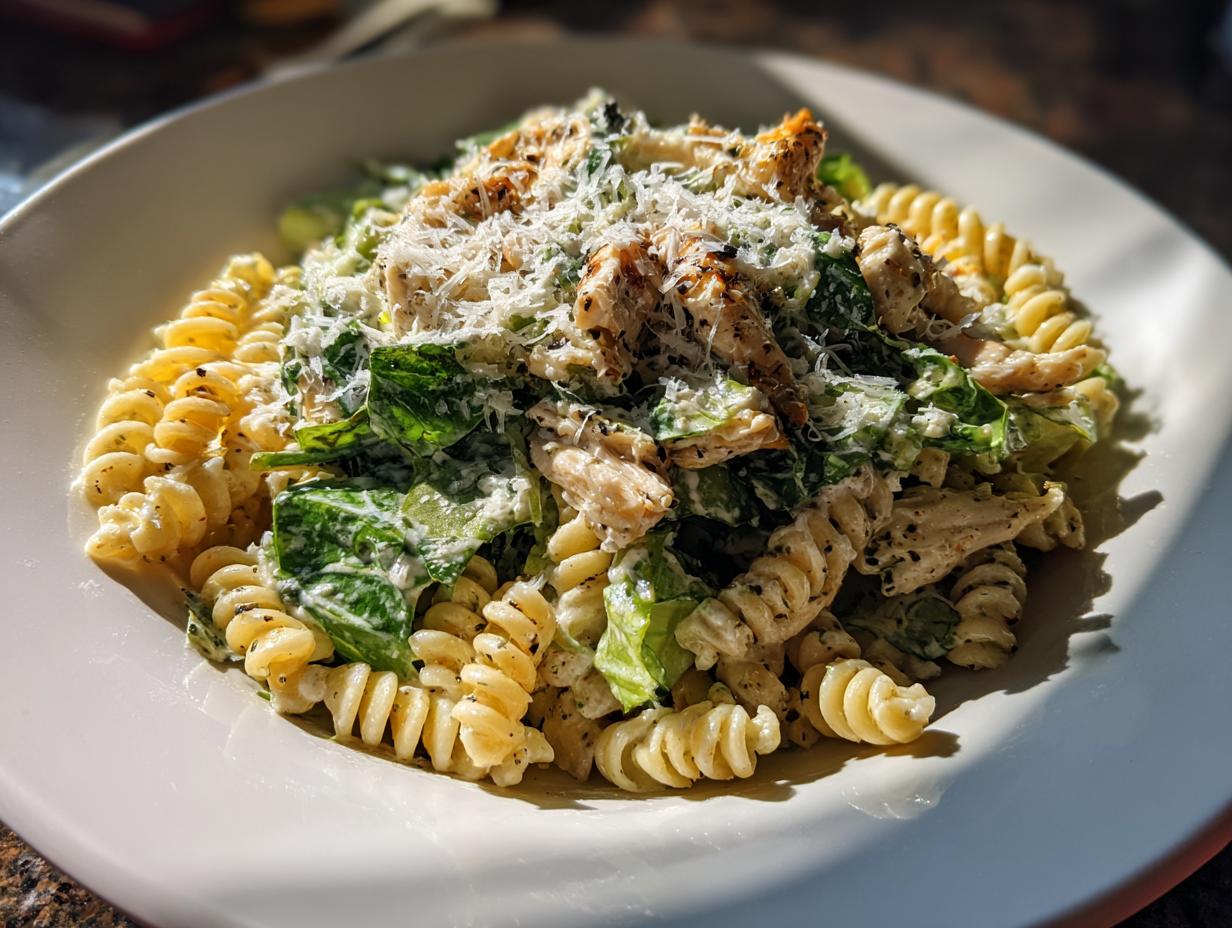 Close-up of a bowl of chicken caesar pasta salad featuring rotini pasta, grilled chicken, romaine lettuce, and grated Parmesan cheese.