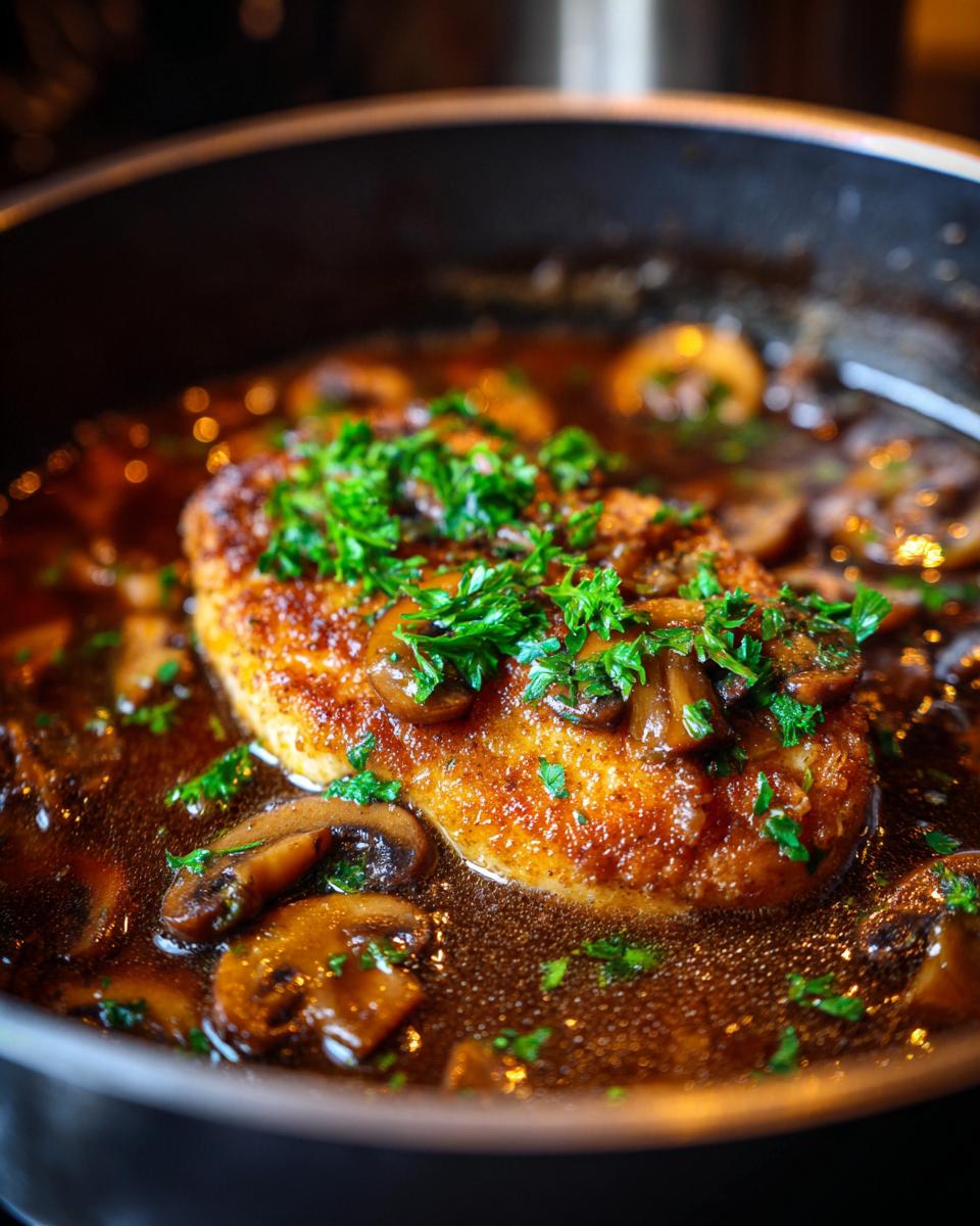 Close-up of a golden-brown Chicken Marsala breast simmering in rich mushroom Marsala sauce, topped with fresh parsley.