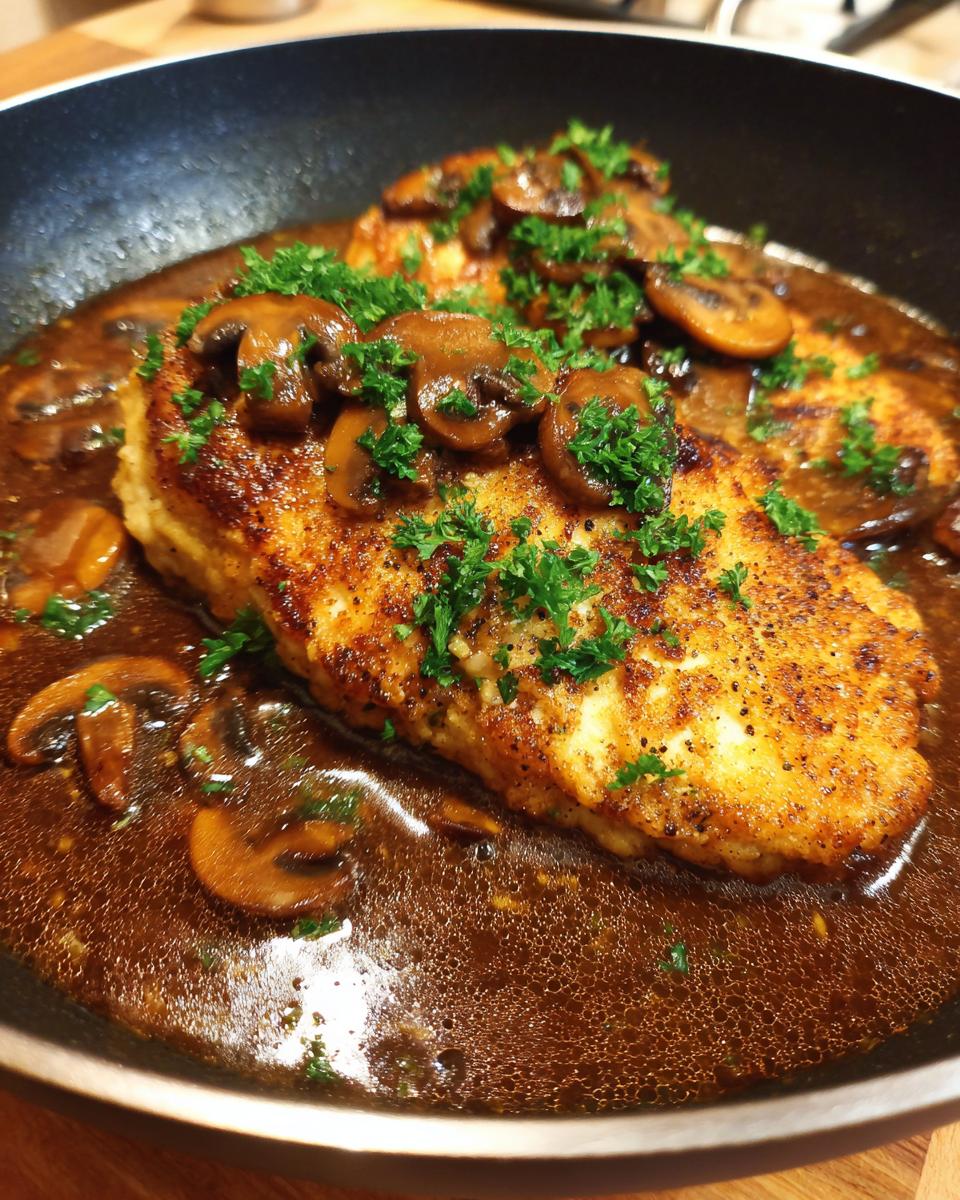Close-up of pan-seared Chicken Marsala breasts covered in rich brown mushroom sauce and fresh parsley.