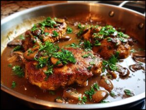 Three golden-brown Chicken Marsala cutlets simmering in a rich, brown mushroom sauce and garnished with fresh parsley.