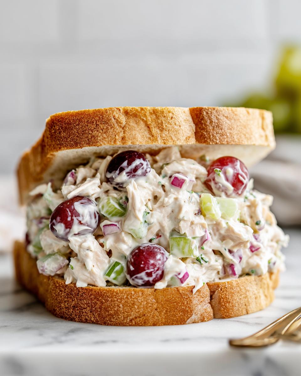 A close-up of a generously filled chicken salad sandwich featuring grapes, celery, and red onion on toasted white bread.