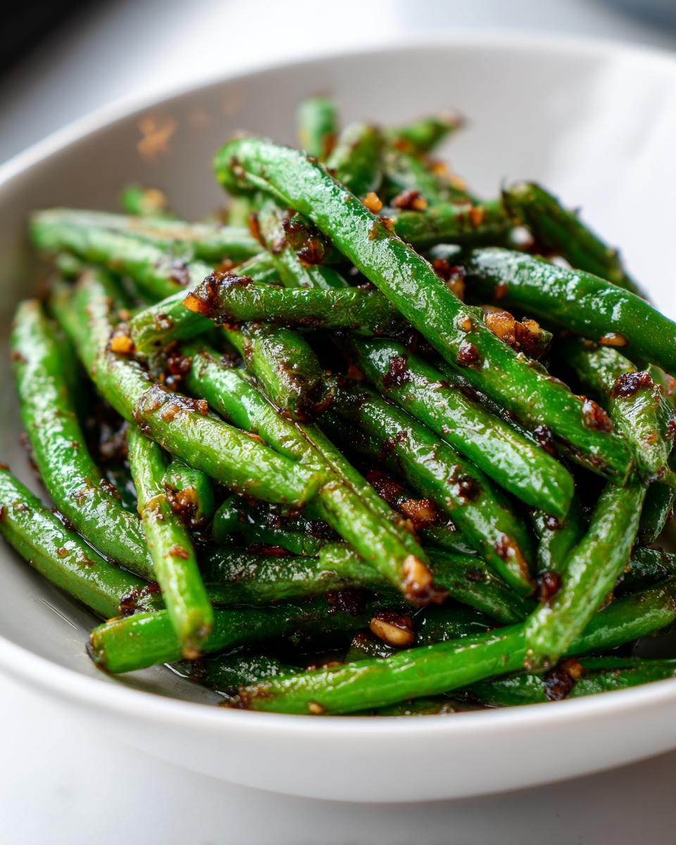 Vibrant green beans coated in a dark, savory garlic sauce, served in a white bowl.