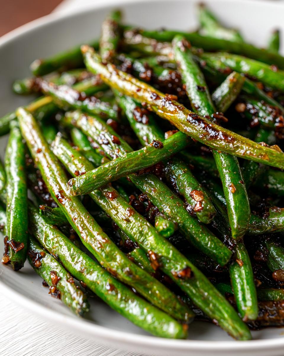 A close-up of vibrant, blistered chinese green beans with garlic sauce served in a light gray bowl.