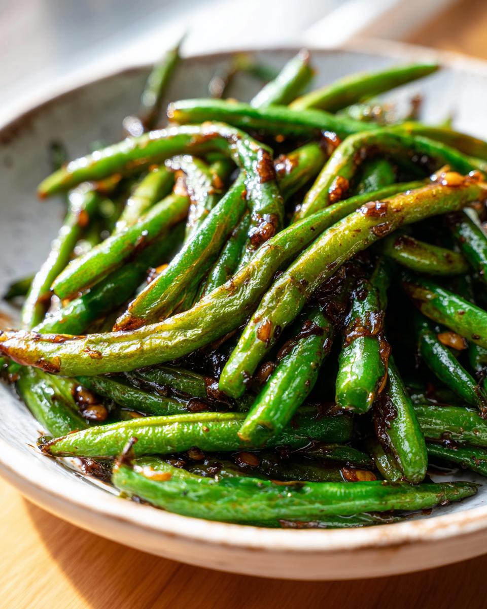 Vibrant green beans coated in a rich, dark garlic sauce, served in a rustic bowl.