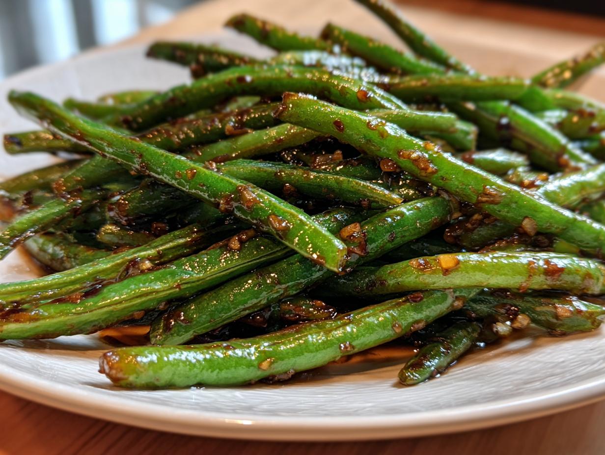 A close-up shot of vibrant, glossy chinese green beans with garlic sauce piled on a white plate.