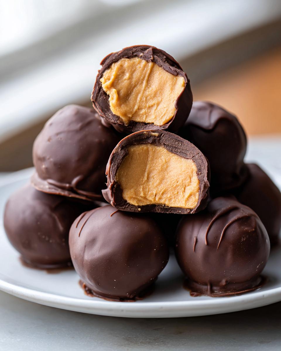 A stack of chocolate-covered peanut butter balls, with two cut in half showing the creamy peanut butter filling.