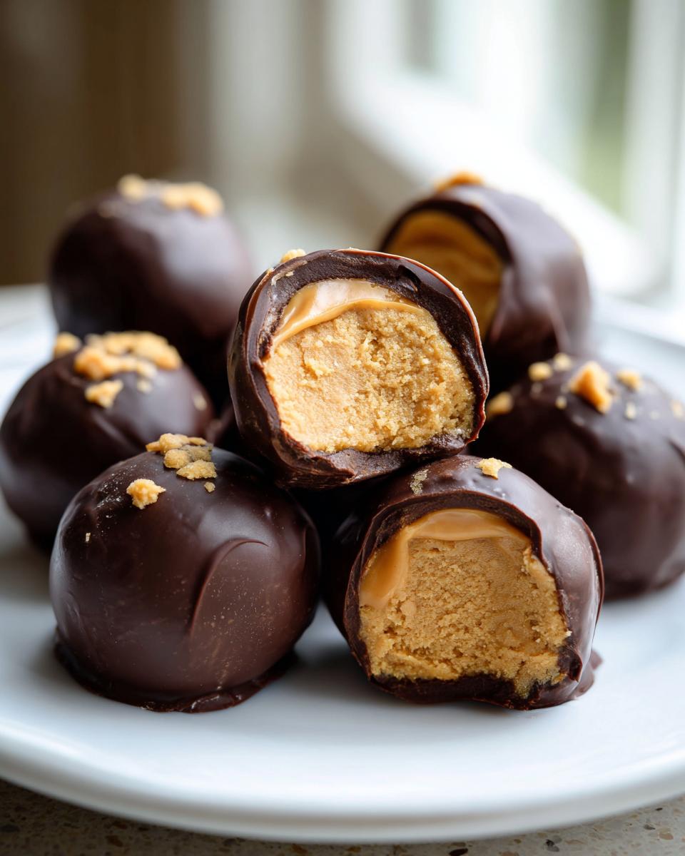 A stack of rich, chocolate-covered peanut butter balls, one cut open to show the creamy filling.