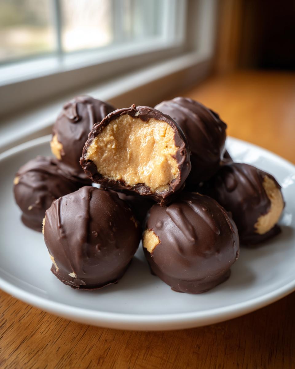 A stack of chocolate-covered peanut butter balls, one cut in half revealing the creamy filling.