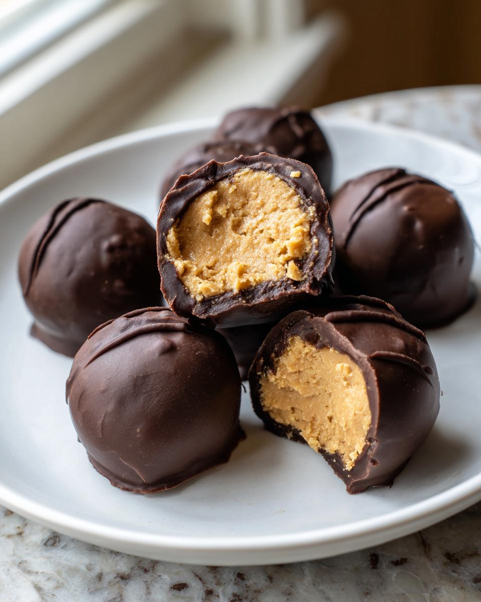 A plate of rich, chocolate-covered peanut butter balls, with one cut in half showing the creamy filling.