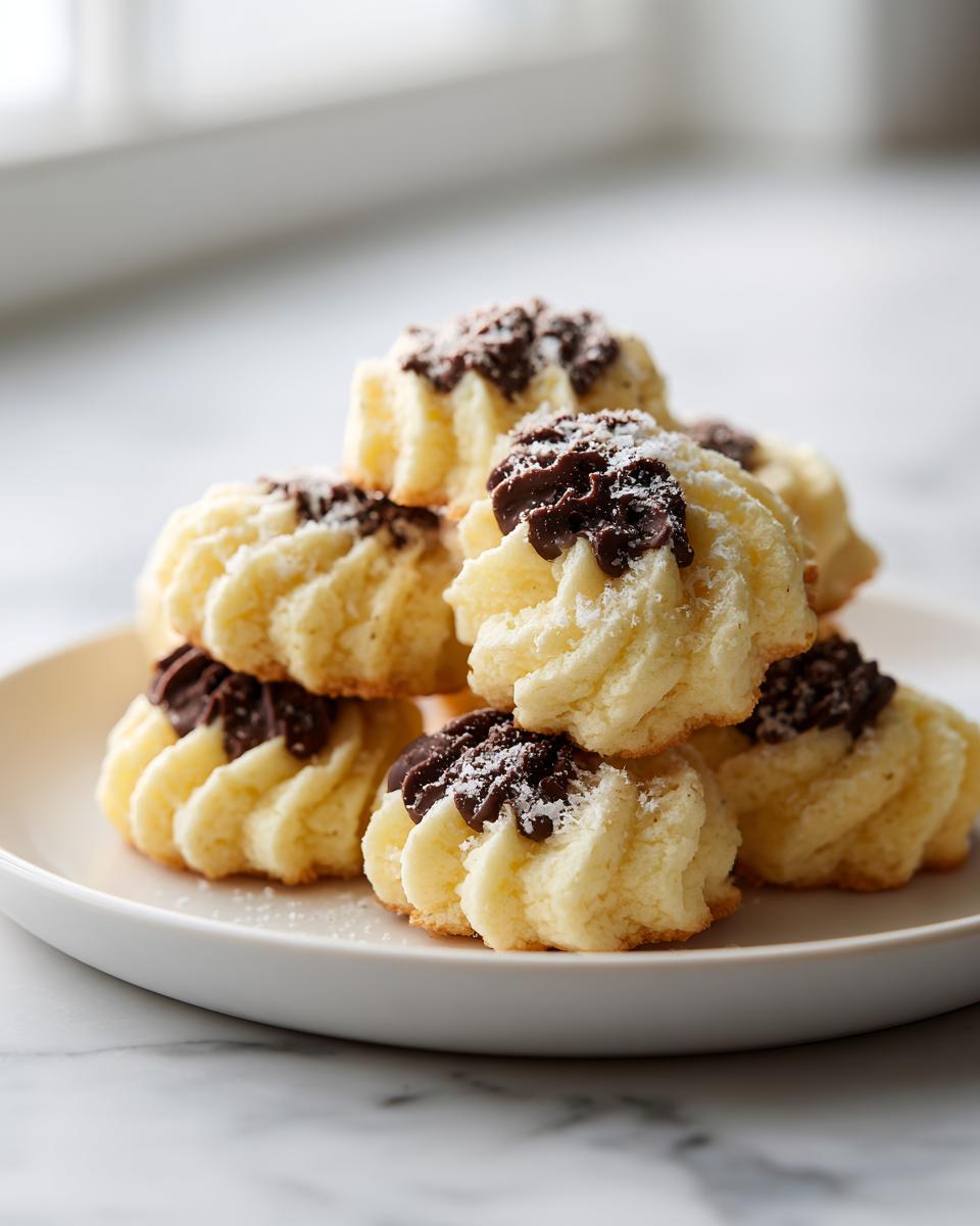 A stack of piped, pale yellow italian butter cookies topped with dark chocolate and powdered sugar.