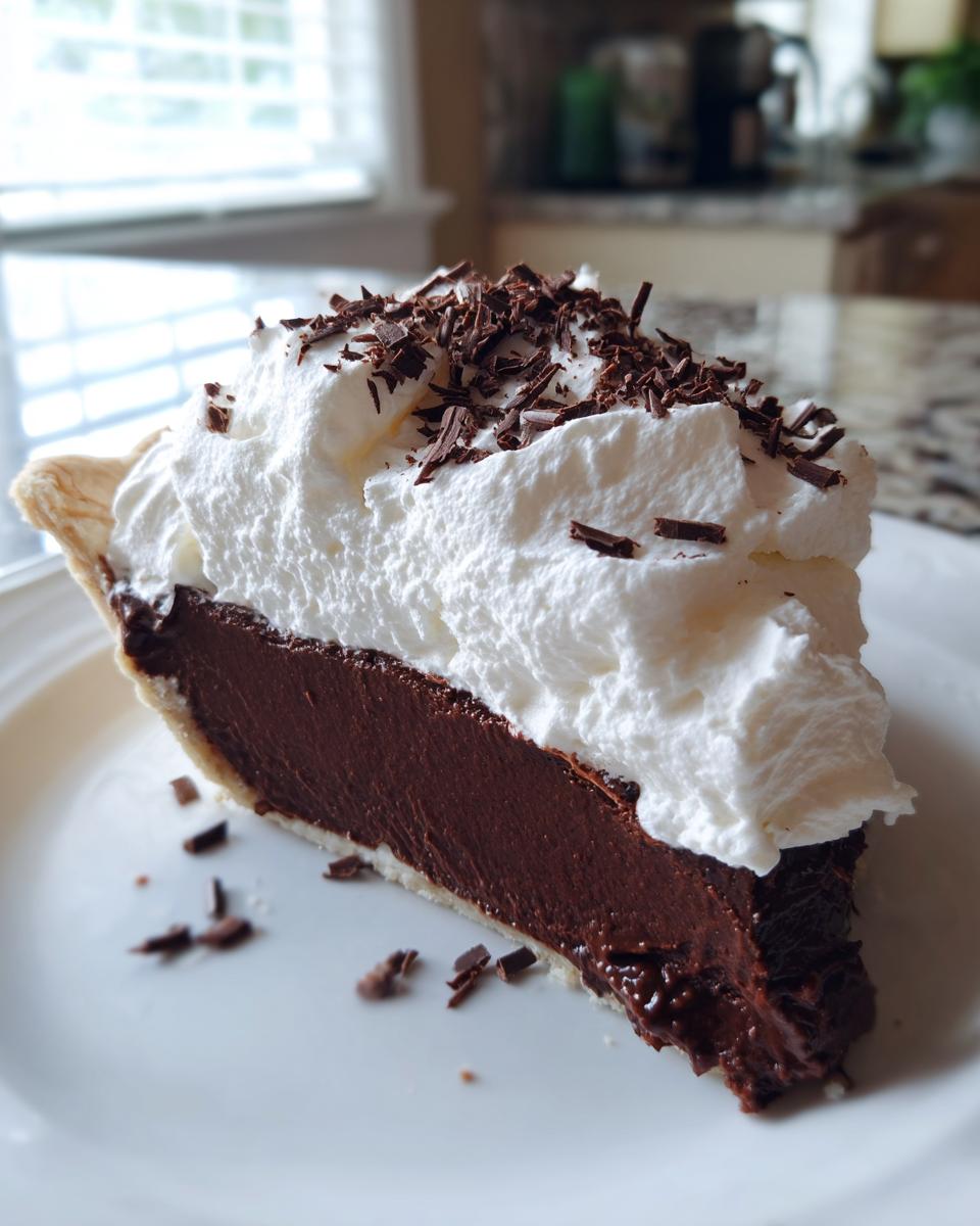 A decadent slice of Christmas chocolate cream pie featuring rich chocolate filling, topped with high whipped cream and chocolate shavings.