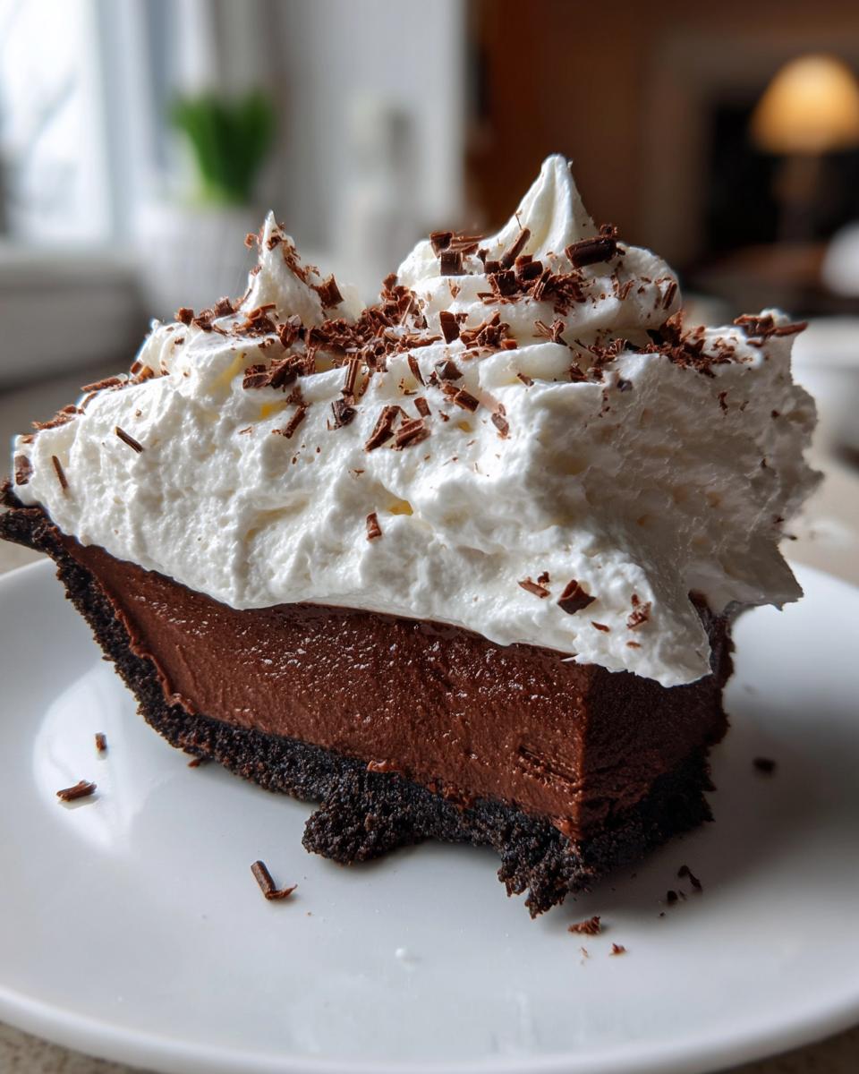 A decadent slice of Christmas chocolate cream pie featuring a thick chocolate filling, dark crust, and tall topping of whipped cream with chocolate shavings.